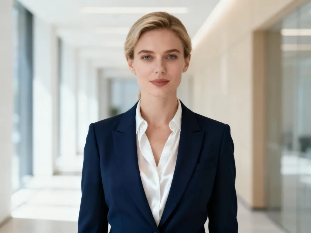 Elegancka kobieta w białej jedwabnej bluzce i granatowej marynarce, prezentująca profesjonalną stylizację do biura.