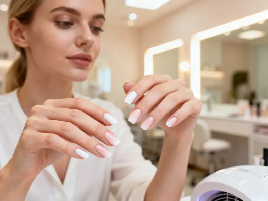 Dłonie z eleganckim manicure typu baby boomer z płynnym przejściem od bieli do beżu w profesjonalnym salonie kosmetycznym.