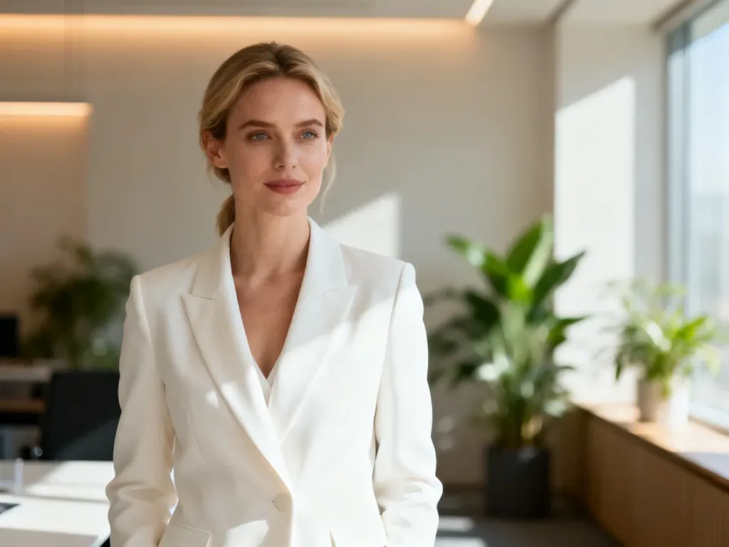 Elegancka kobieta w białym żakiecie w nowoczesnym, jasnym biurze. Profesjonalna stylizacja w minimalistycznym wydaniu.