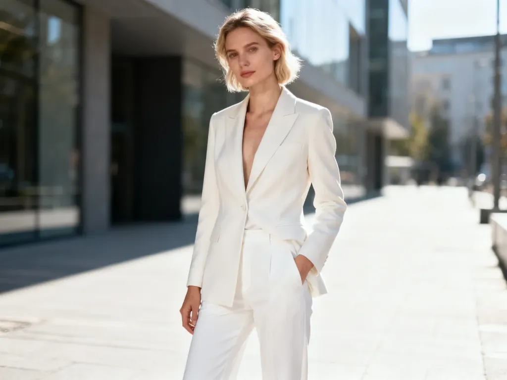 Elegancka kobieta w białych spodniach i marynarce, prezentująca stylowy miejski look w jasnej, minimalistycznej scenerii.