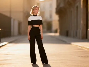 Elegancka kobieta w beżowej marynarce i białej koszuli, prezentująca profesjonalną stylizację na słonecznej ulicy.